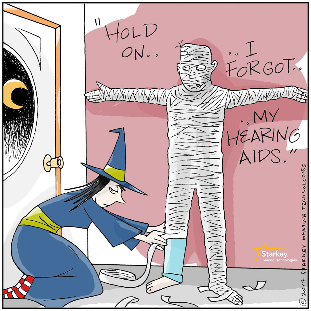 Halloween funny hearing aid cartoon.