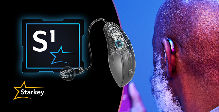 Close-up image of Genesis AI hearing aid next to man's head 