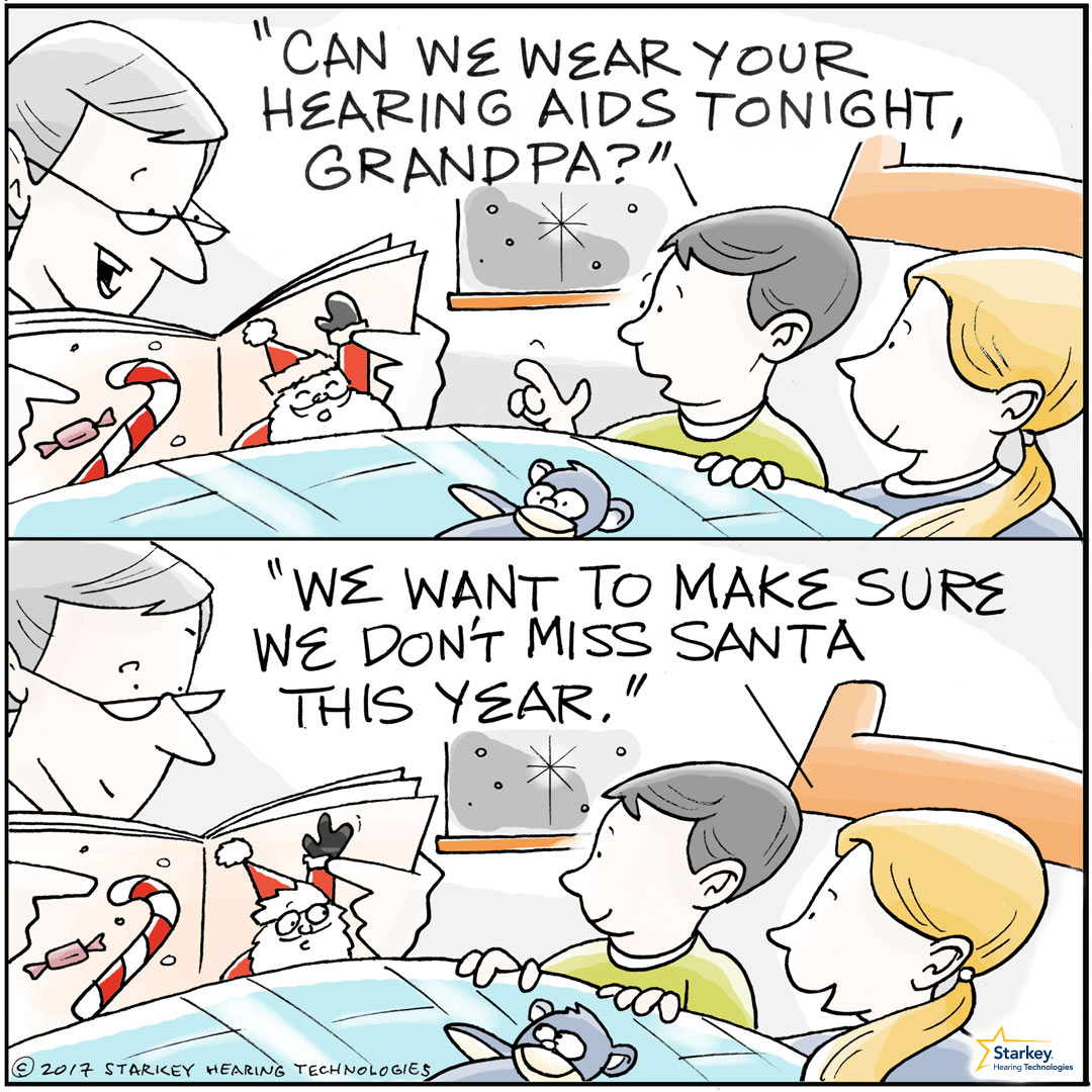 Funny cartoon shows kids asking for hearing aids to hear Santa on the rooftop on Christmas Eve.