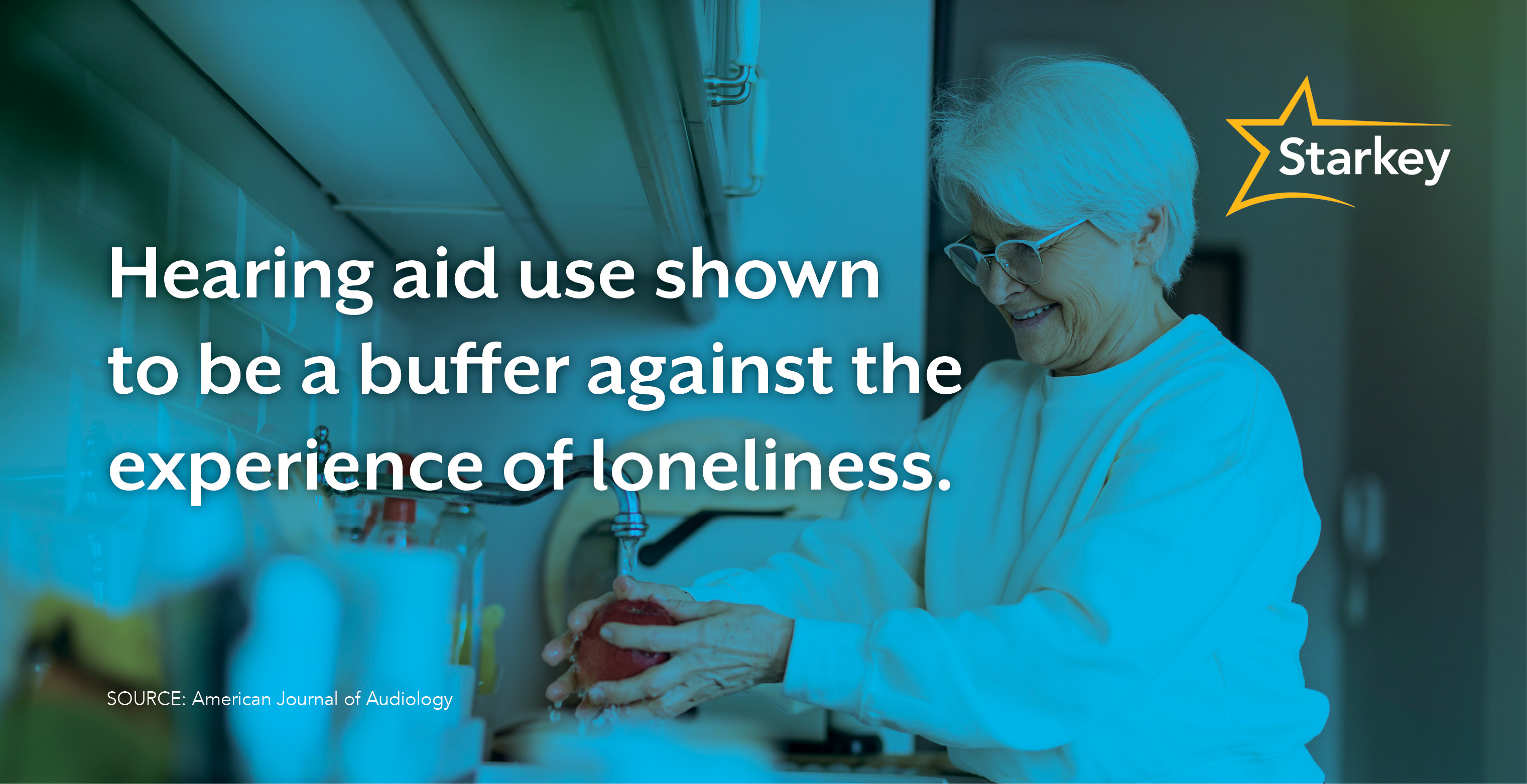 Image of senior woman smiling and washing an apple beside text that says hearing aid use is shown to be a buffer against loneliness