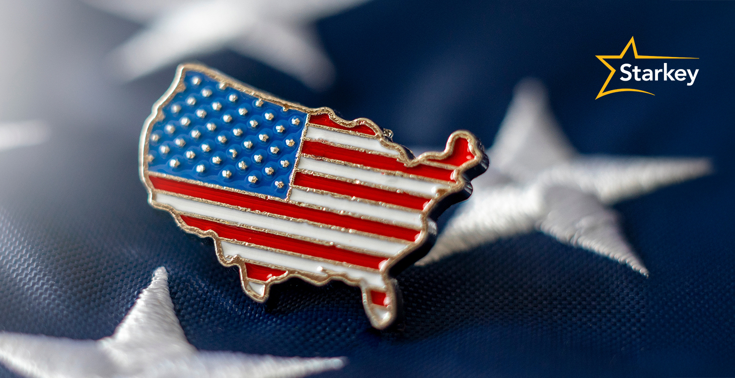 Image of pin in the shape of America on an American flag