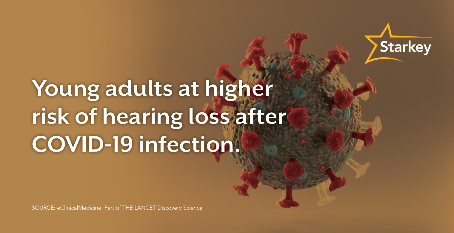 Image of COVID infection symbol and a quote saying that young adults are at higher risk of hearing loss after COVID-19 infection