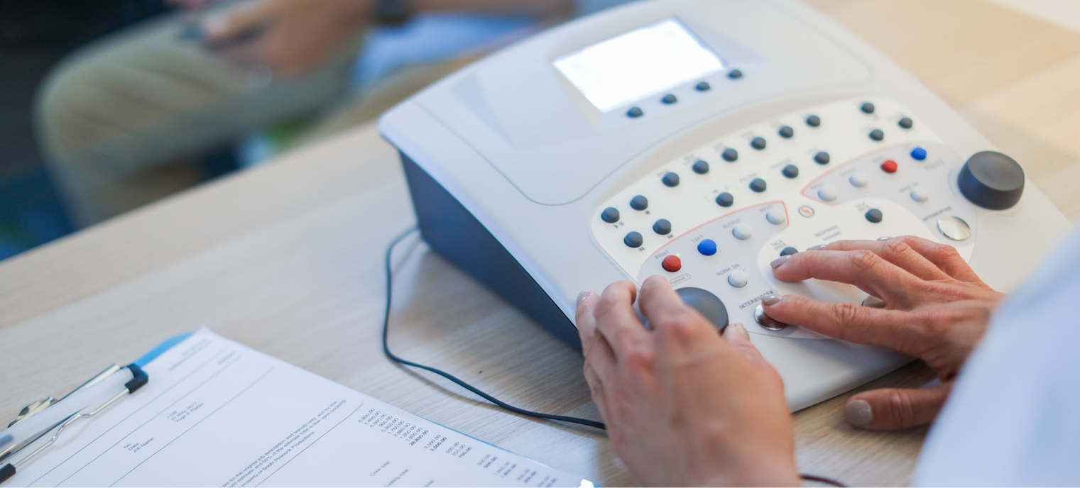 Device used by hearing professionals and audiologists to create sounds at certain frequencies to create a patient's audiogram. 